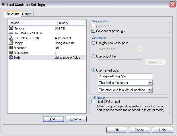 Summary dialog for VMware COM1 serial port settings.