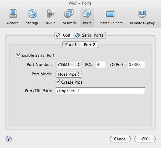 Configuration for the serial port in the Debugger Guest VM.