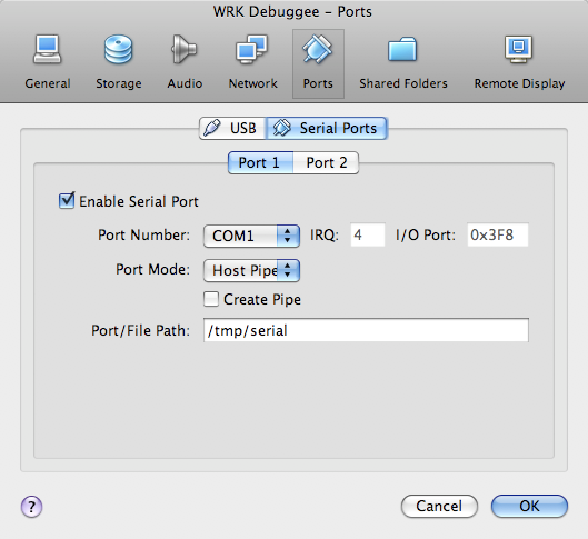 Configuration for the serial port in the WRK Guest VM.