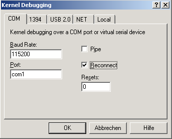 Configuration for the kernel debug session on the Debugger Guest.