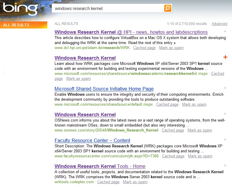 This image shows the result list of bing when searching for the Windows Research Kernel.